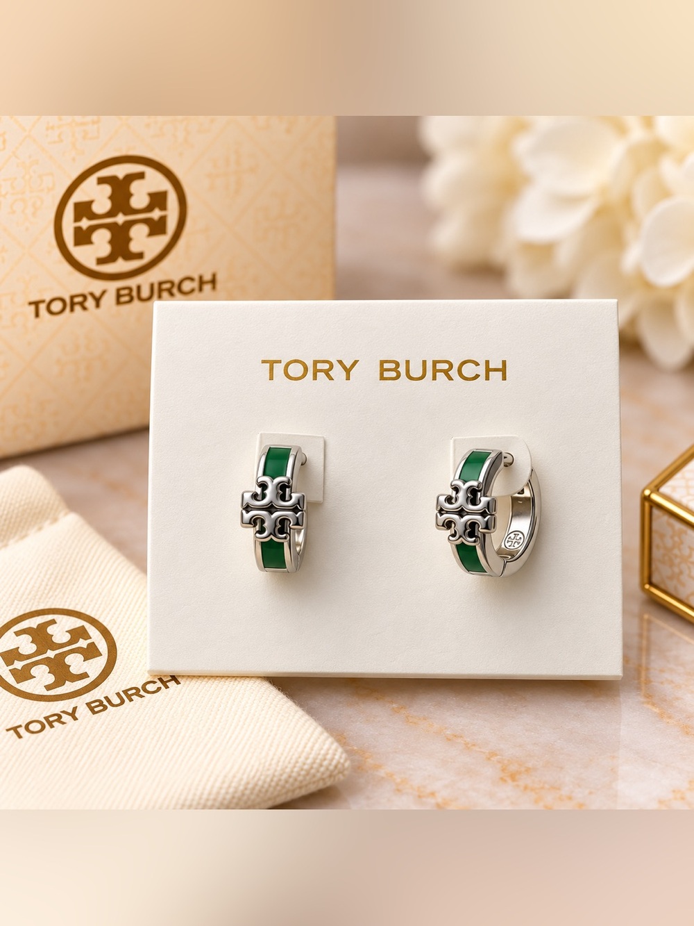 Tory Burch Silver Hoop Earrings with Green Enamel and Logo